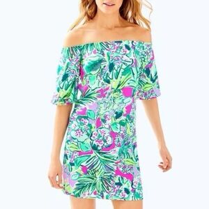 Lilly Pulitzer Fawcett Colorful Pink Green Tropical Floral Off Shoulder Dress XS